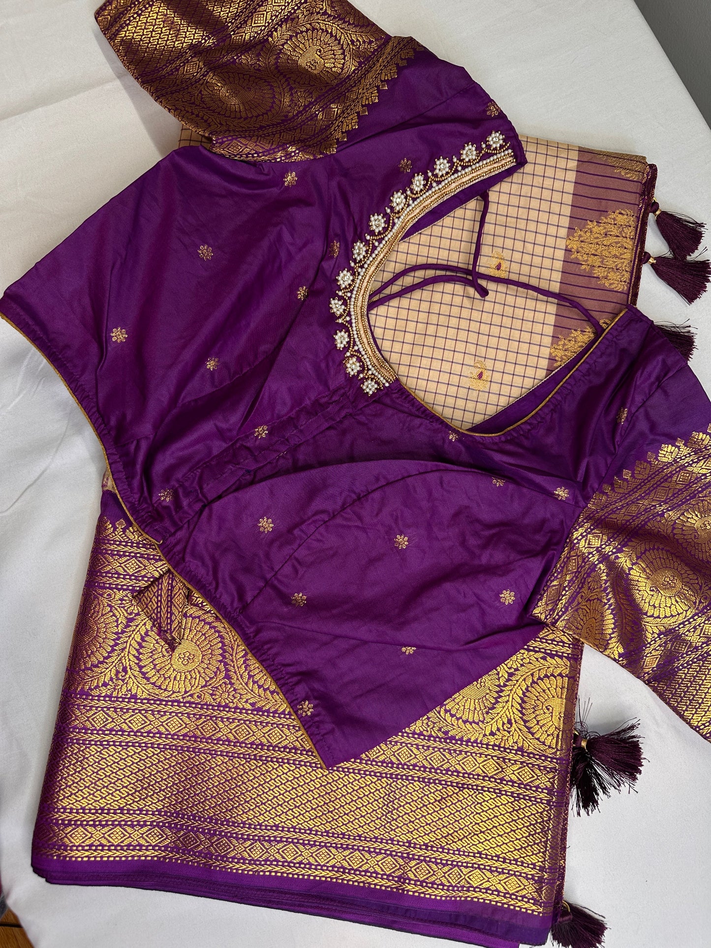 Gadwal Semi Silk Cream Purple Checks Saree