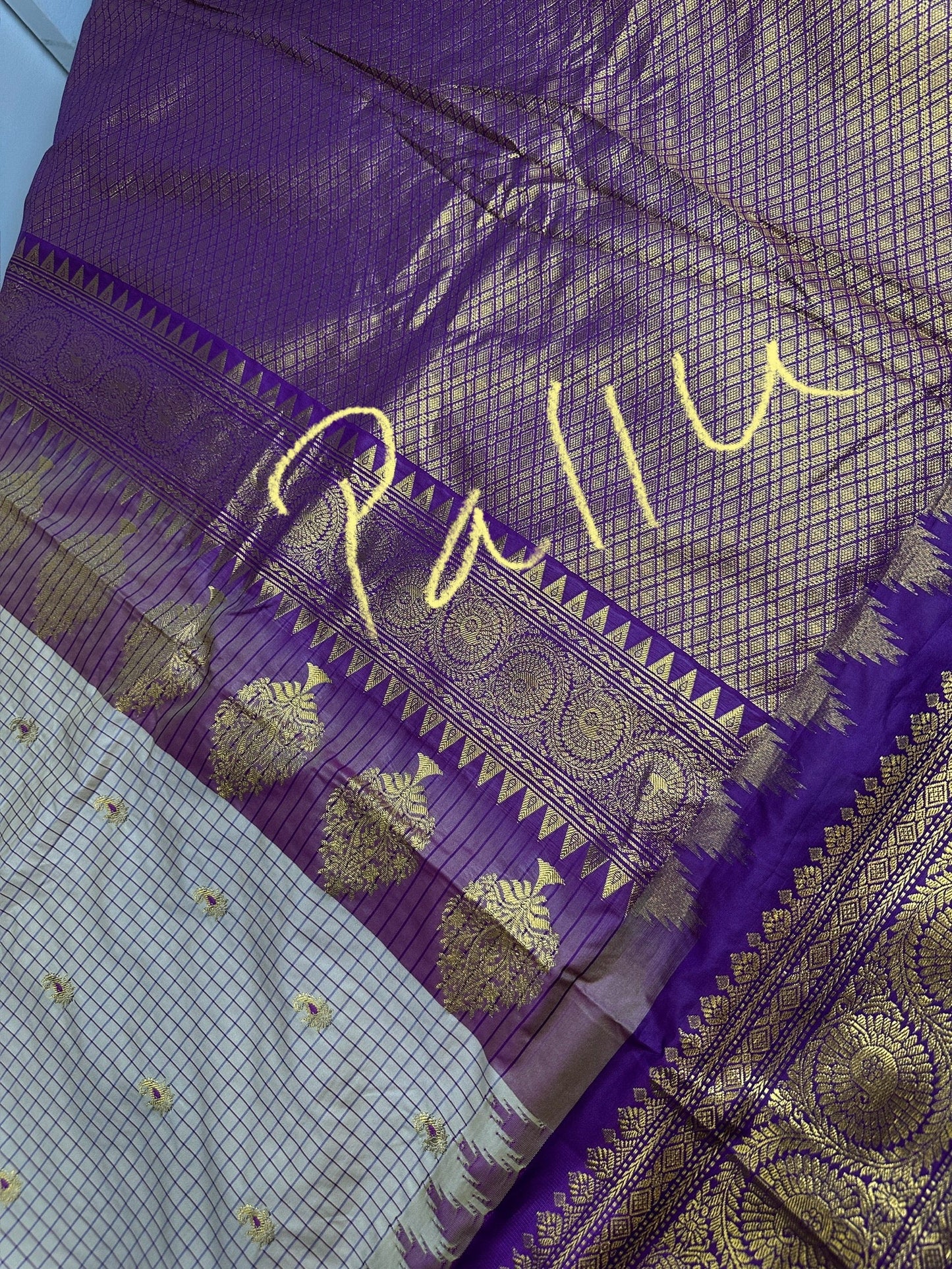 Gadwal Semi Silk Cream Purple Checks Saree