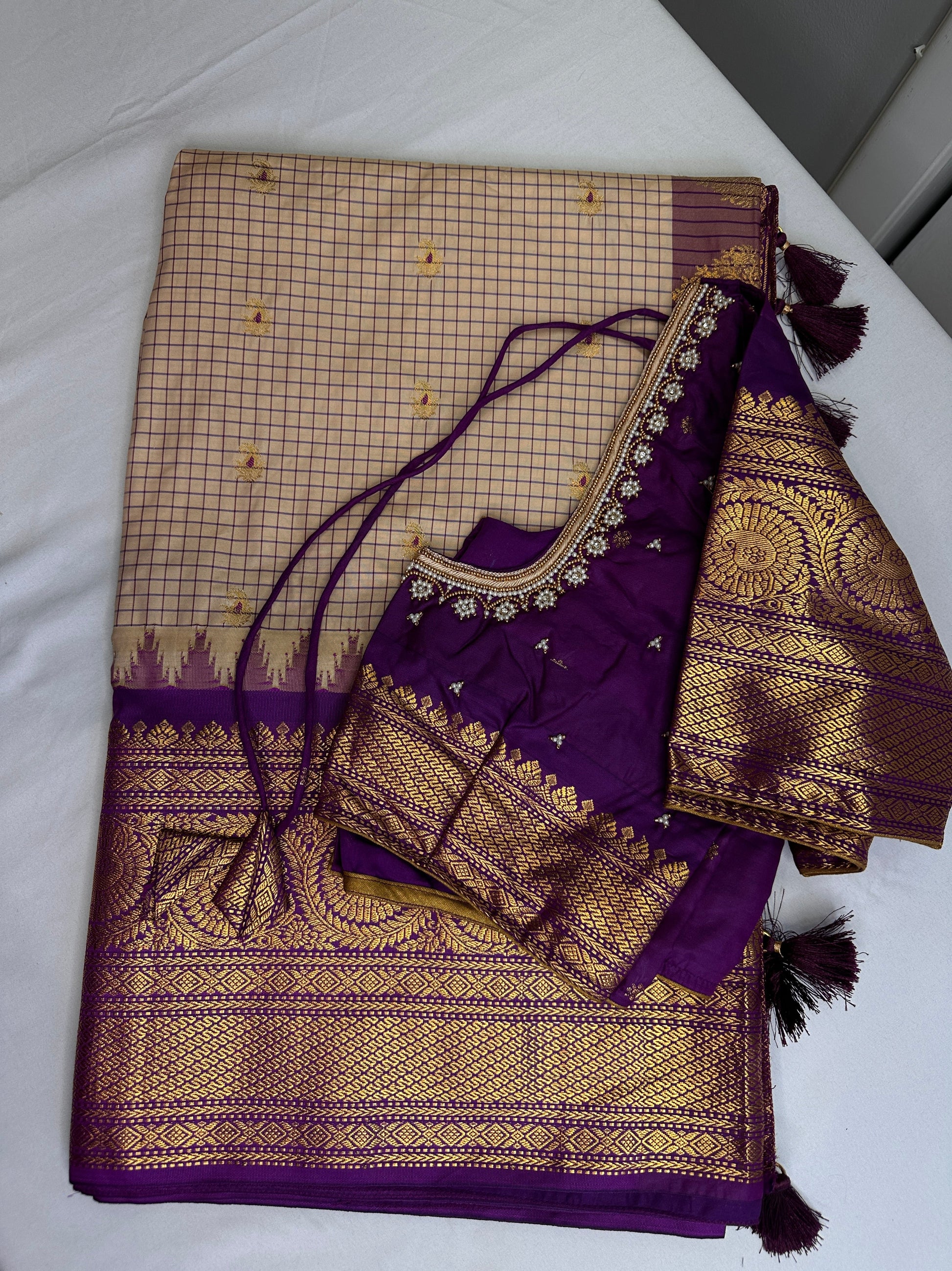 Gadwal Semi Silk Cream Purple Checks Saree