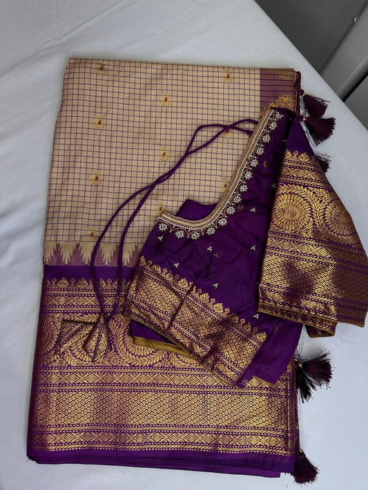 Gadwal Semi Silk Cream Purple Checks Saree