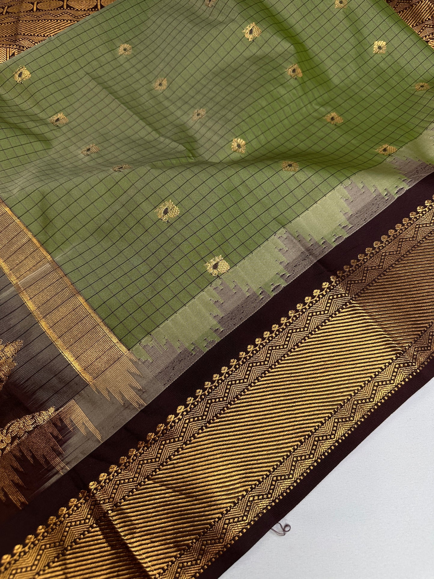 Gadwal Semi Silk Green Brown Checks Saree