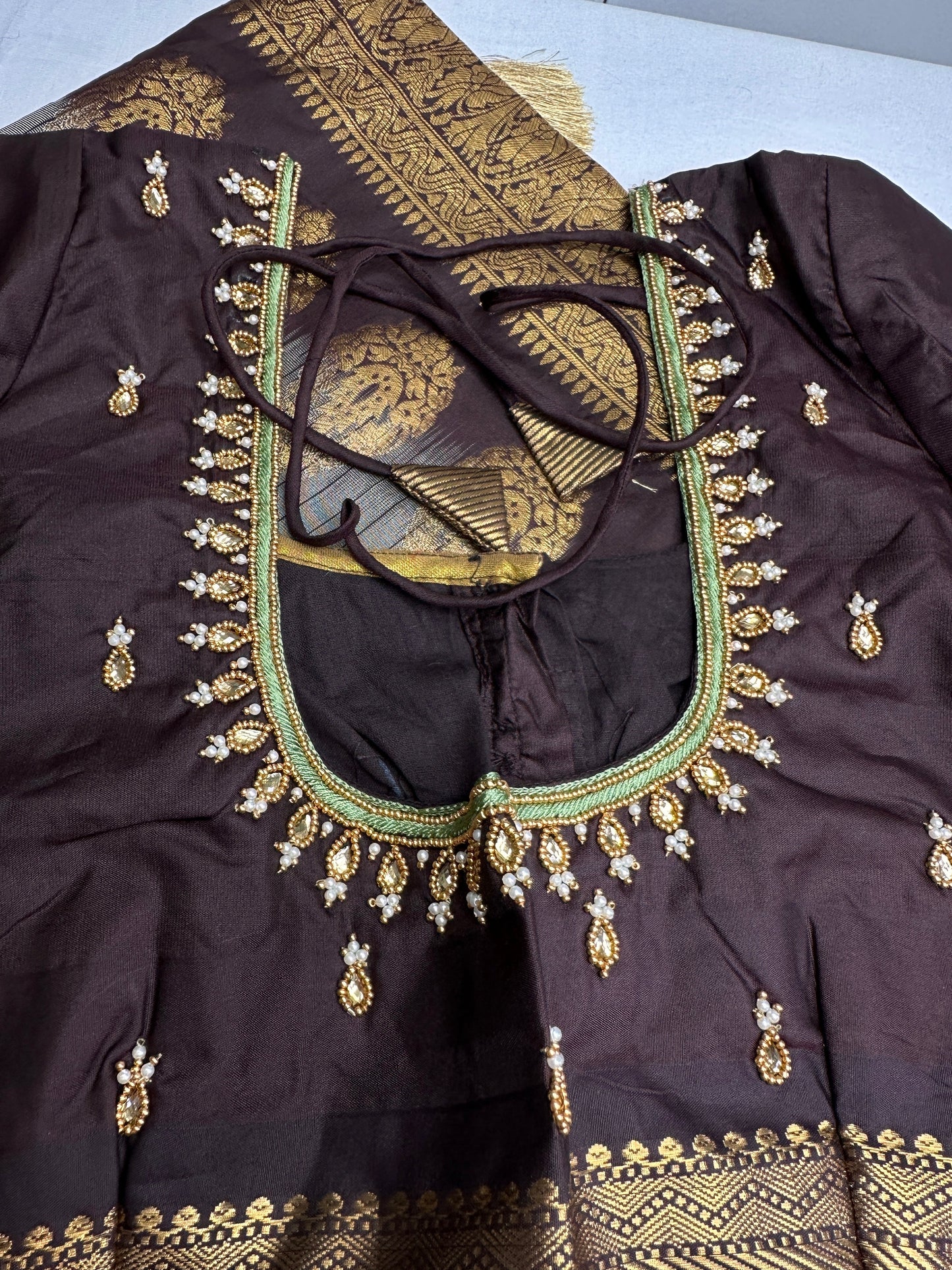Gadwal Semi Silk Green Brown Checks Saree