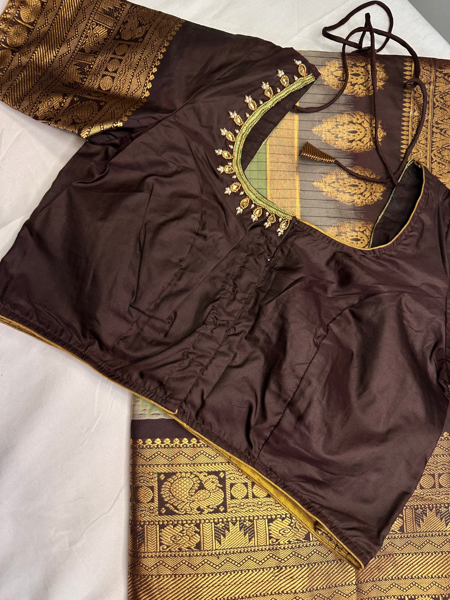 Gadwal Semi Silk Green Brown Checks Saree