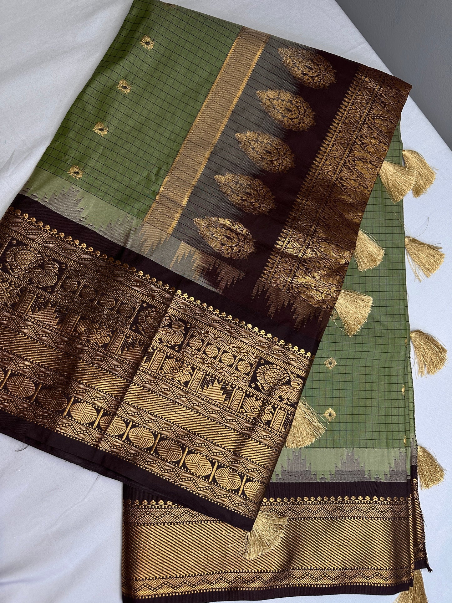 Gadwal Semi Silk Green Brown Checks Saree