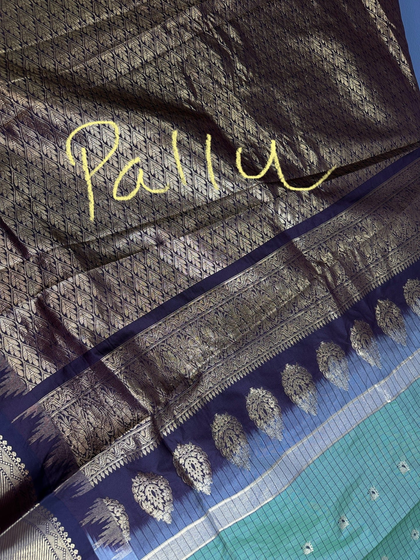 Gadwal Semi Silk Green Brown Checks Saree