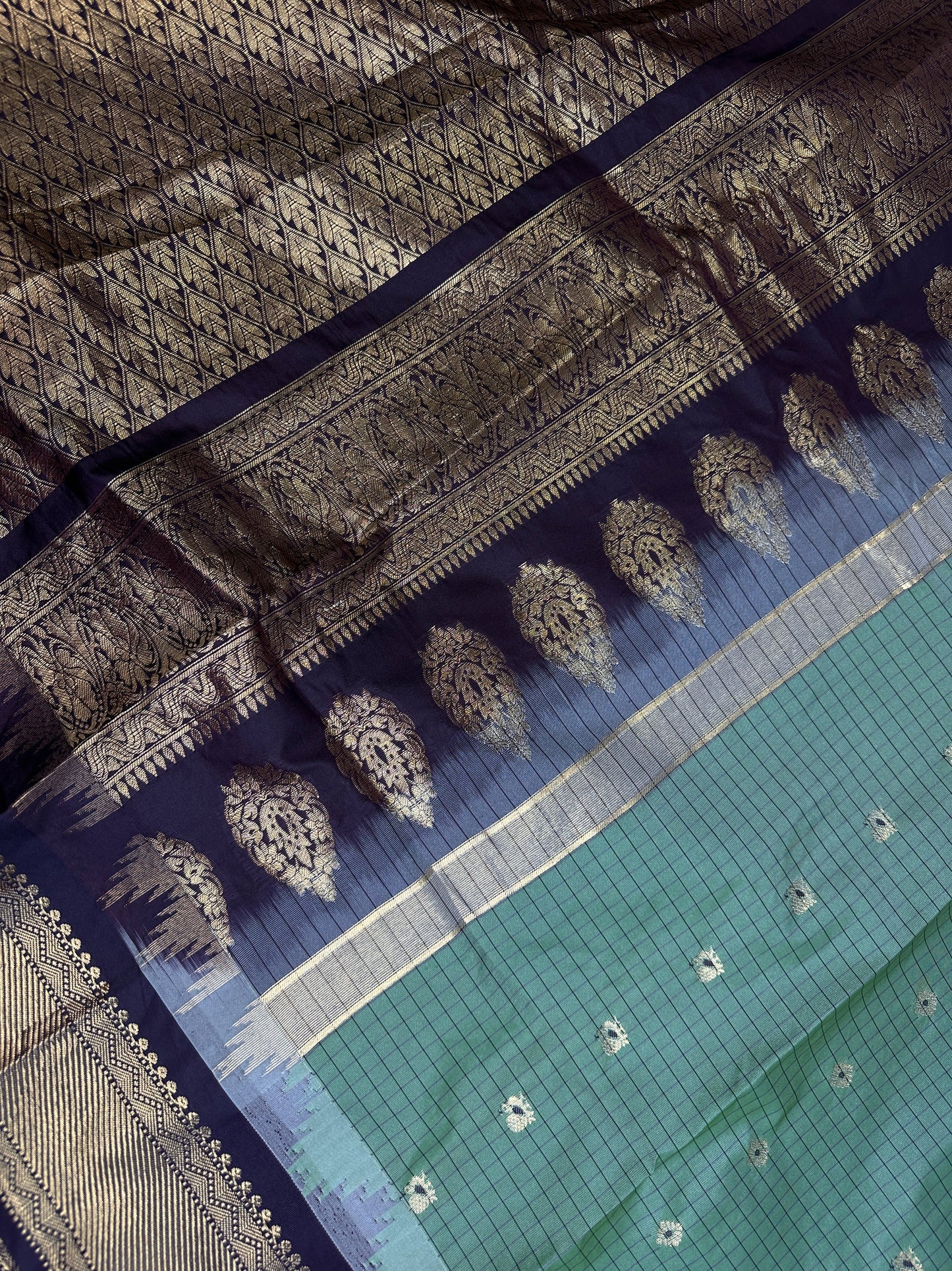 Gadwal Semi Silk Green Brown Checks Saree