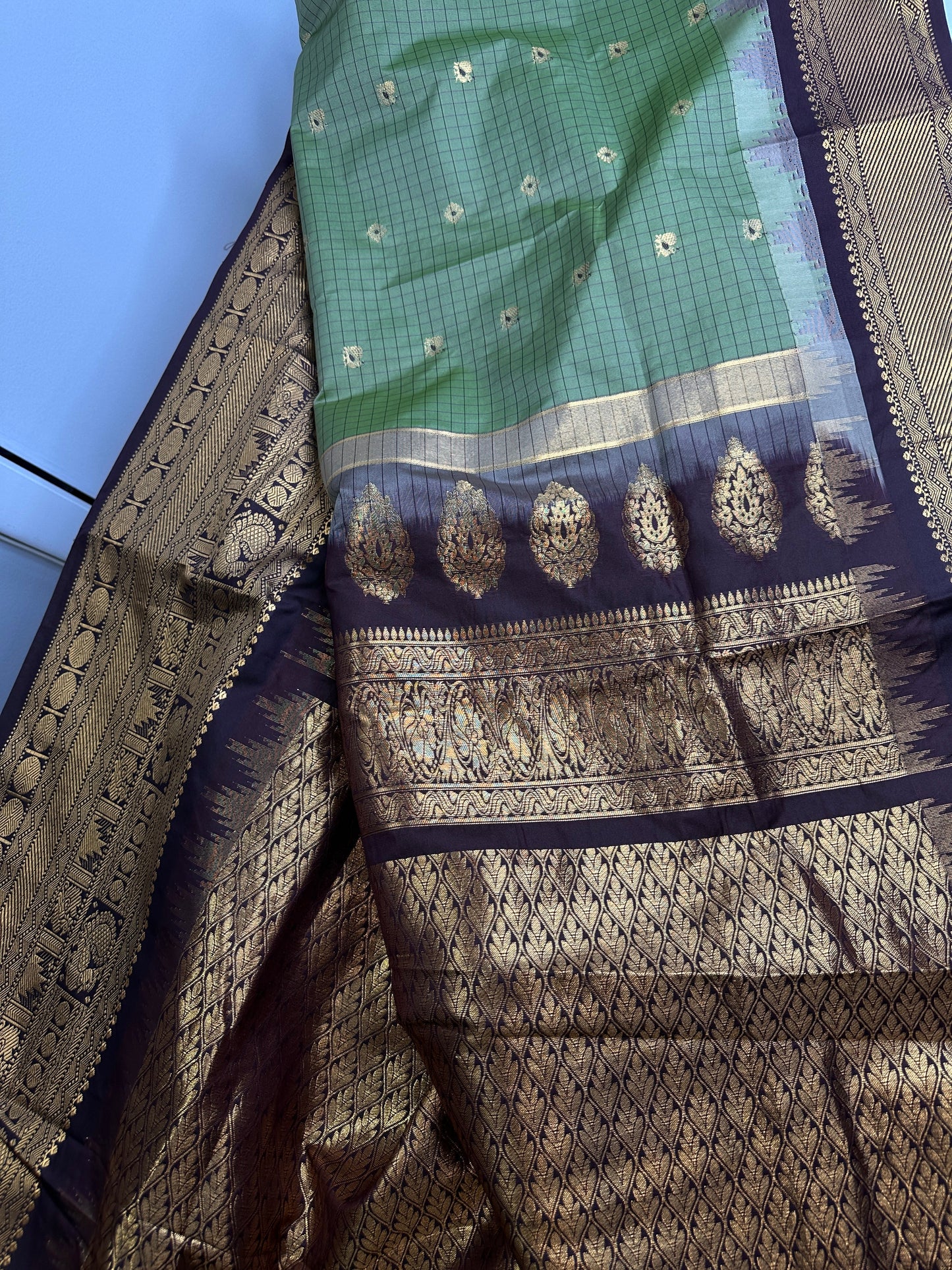 Gadwal Semi Silk Green Brown Checks Saree