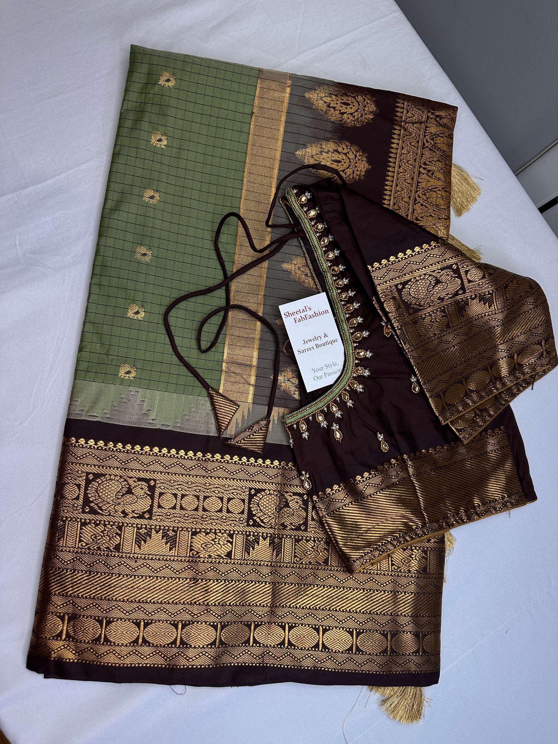 Gadwal Semi Silk Green Brown Checks Saree