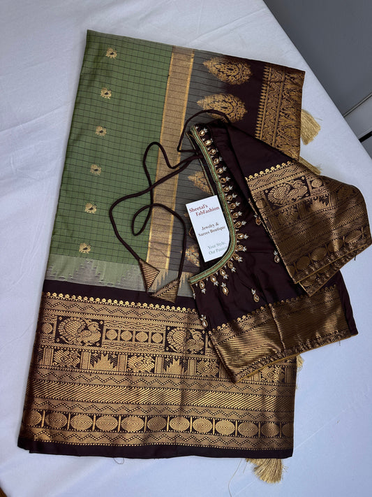 Gadwal Semi Silk Green Brown Checks Saree