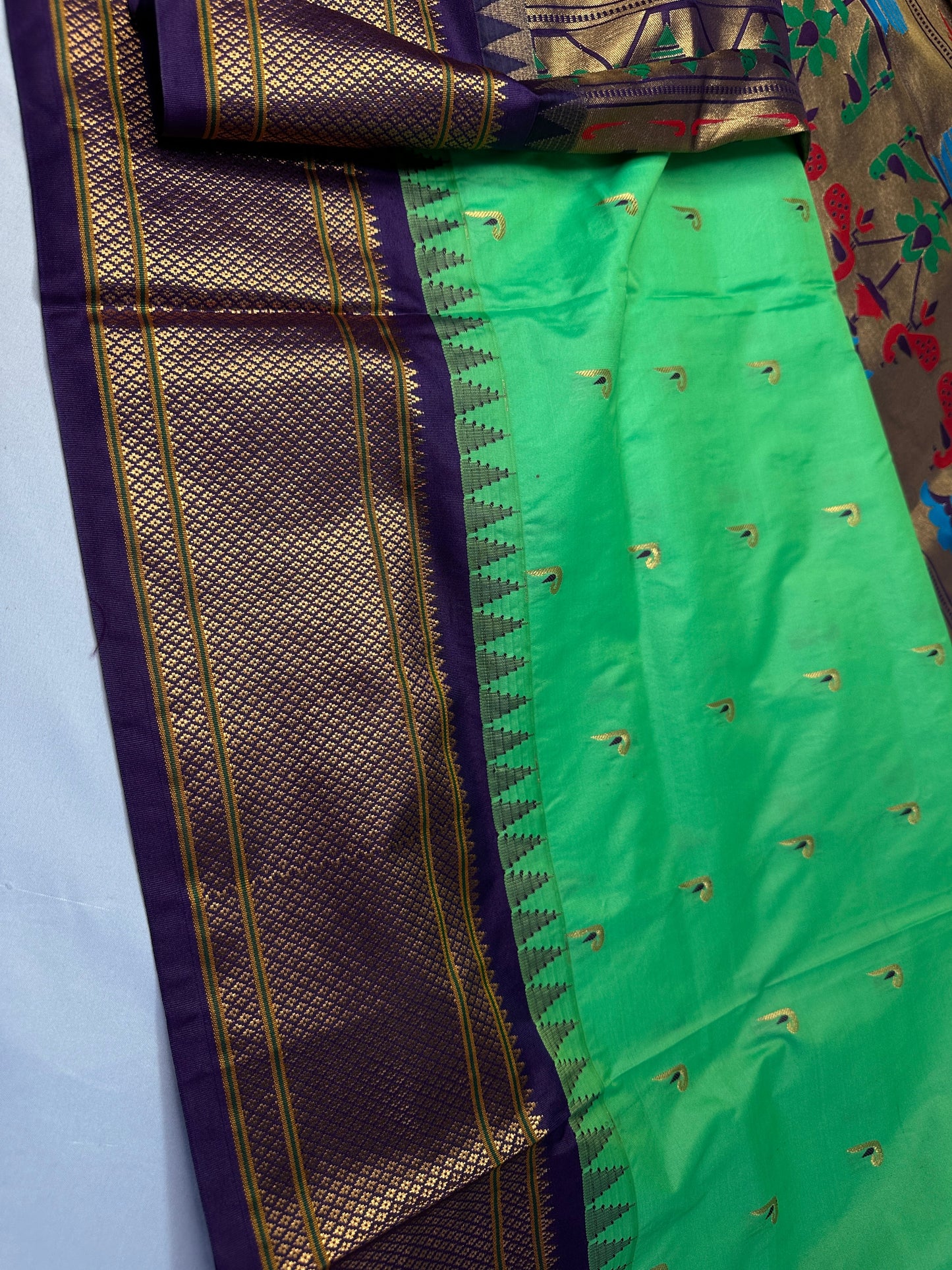 Semi Gadwal  Silk Paithani Green Purple Saree