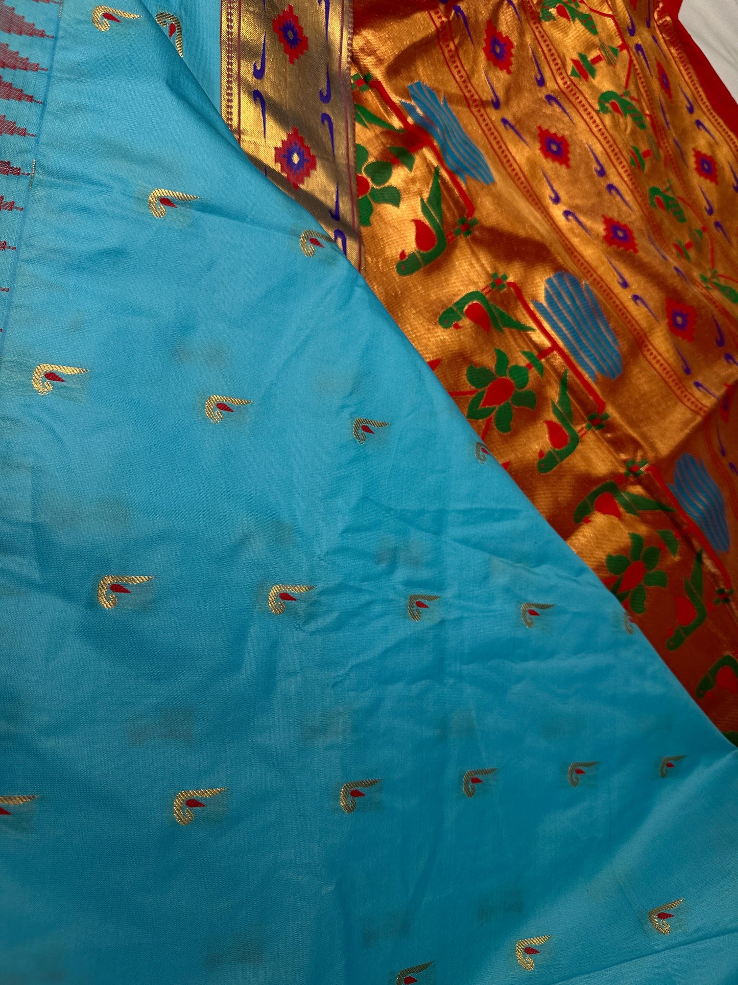 Semi Gadwal  Silk Paithani Blue Red Saree