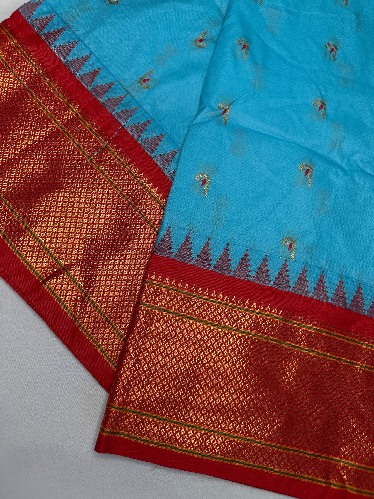 Semi Gadwal  Silk Paithani Blue Red Saree