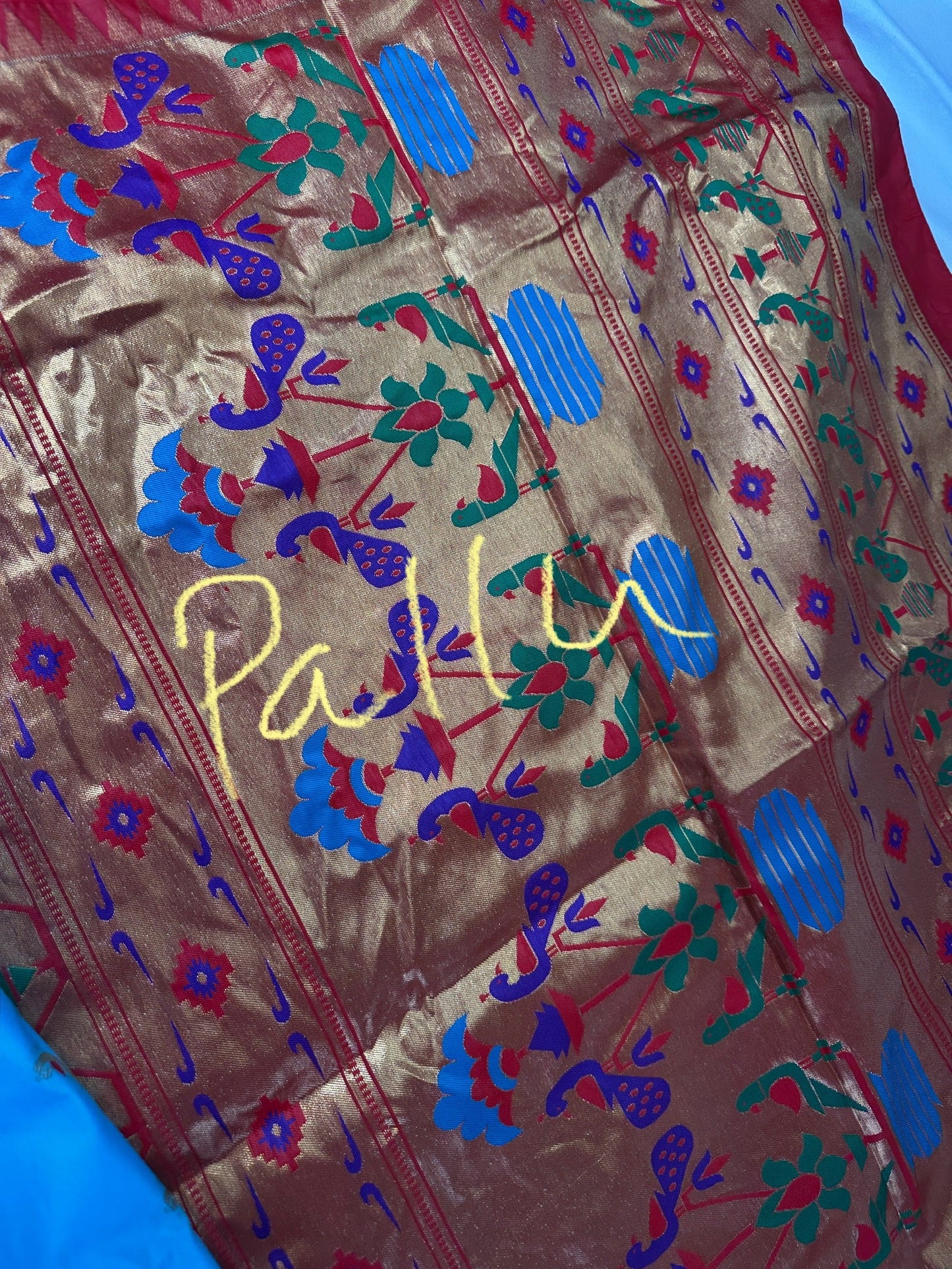 Semi Gadwal  Silk Paithani Blue Red Saree