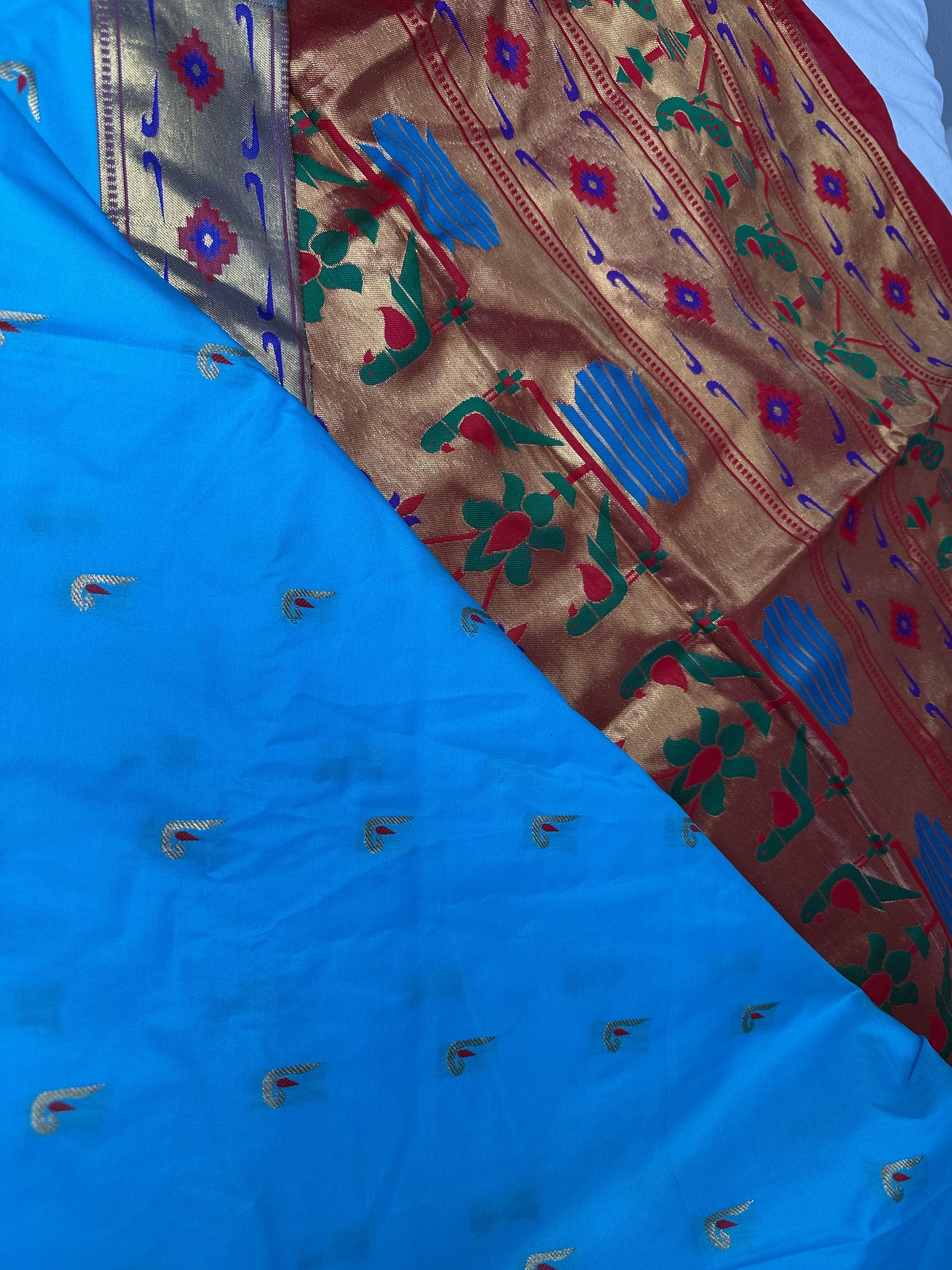 Semi Gadwal  Silk Paithani Blue Red Saree