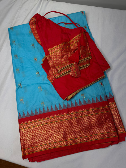 Semi Gadwal  Silk Paithani Blue Red Saree