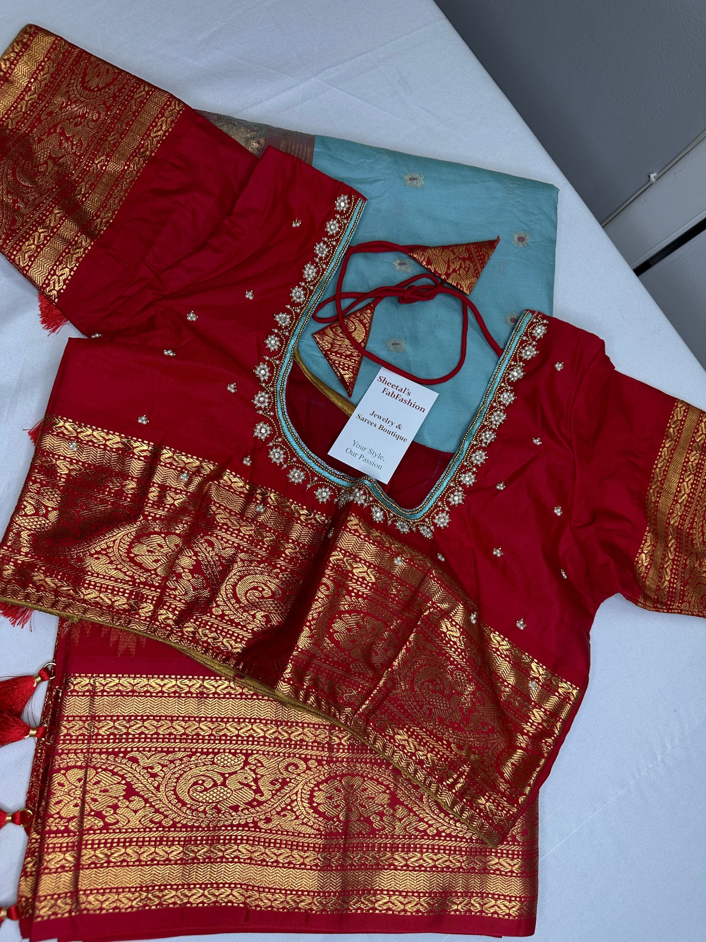 Gadwal Semi Silk Blue Red Saree
