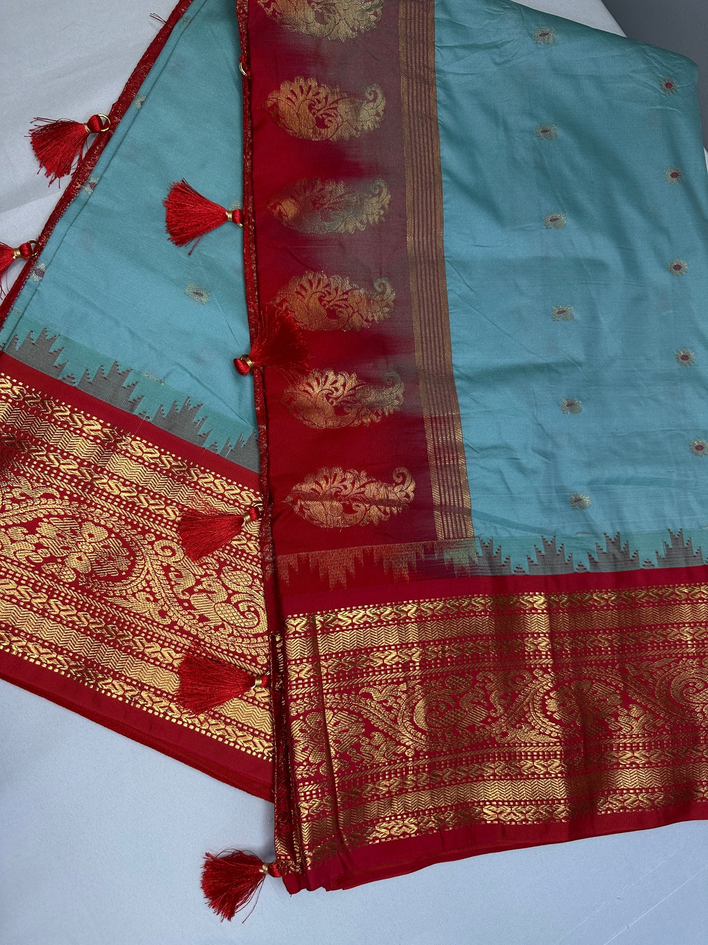 Gadwal Semi Silk Blue Red Saree
