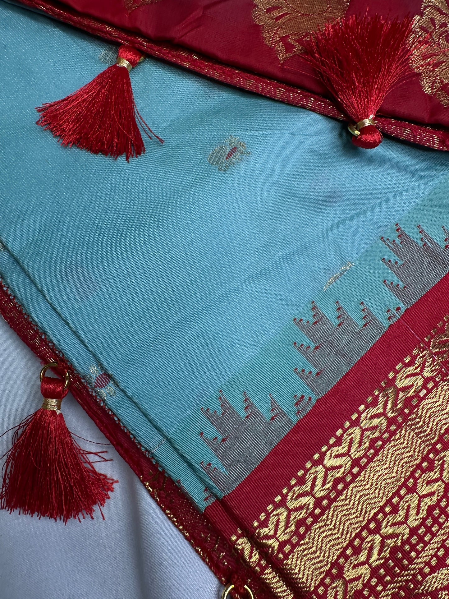 Gadwal Semi Silk Blue Red Saree