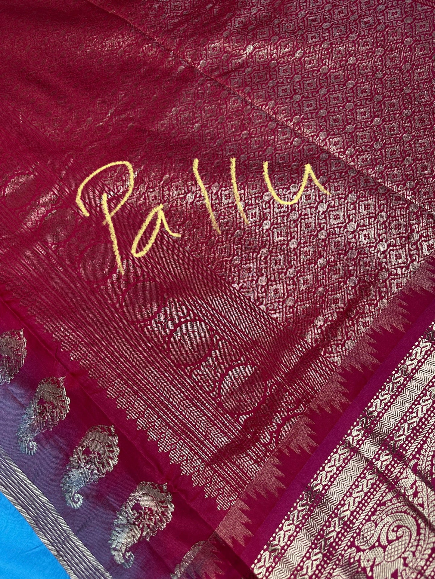 Gadwal Semi Silk Blue Red Saree