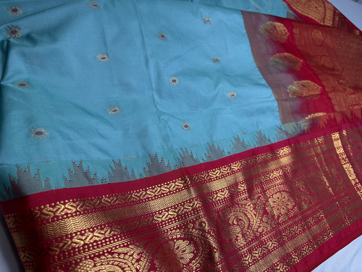 Gadwal Semi Silk Blue Red Saree