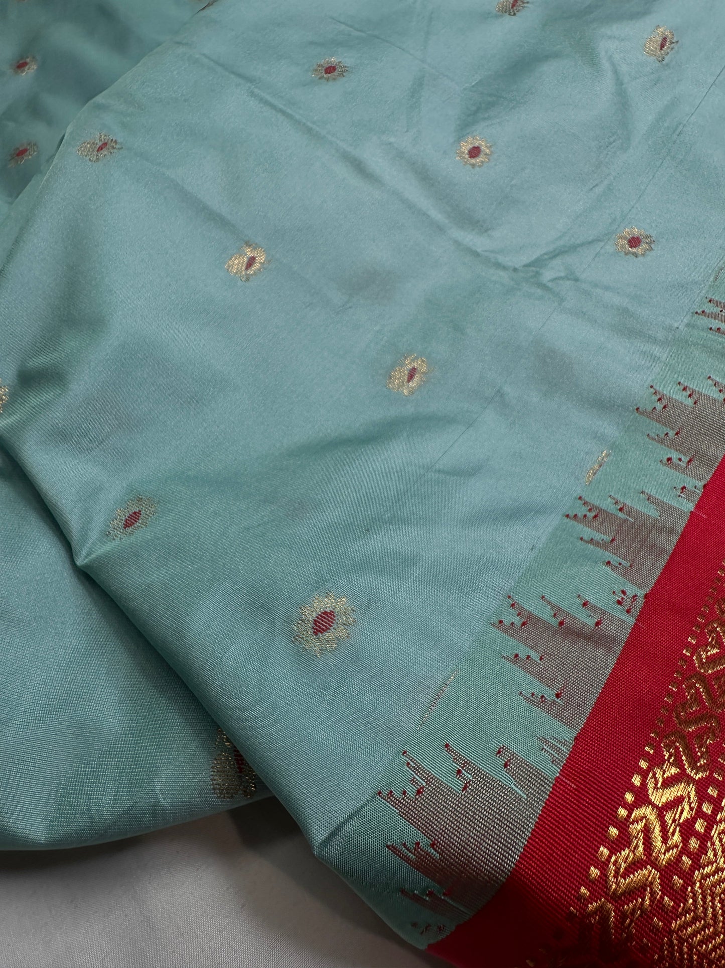 Gadwal Semi Silk Blue Red Saree