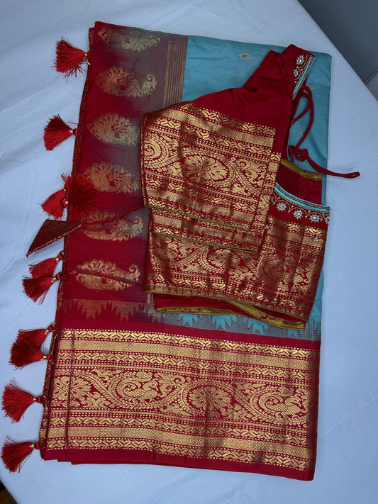 Gadwal Semi Silk Blue Red Saree