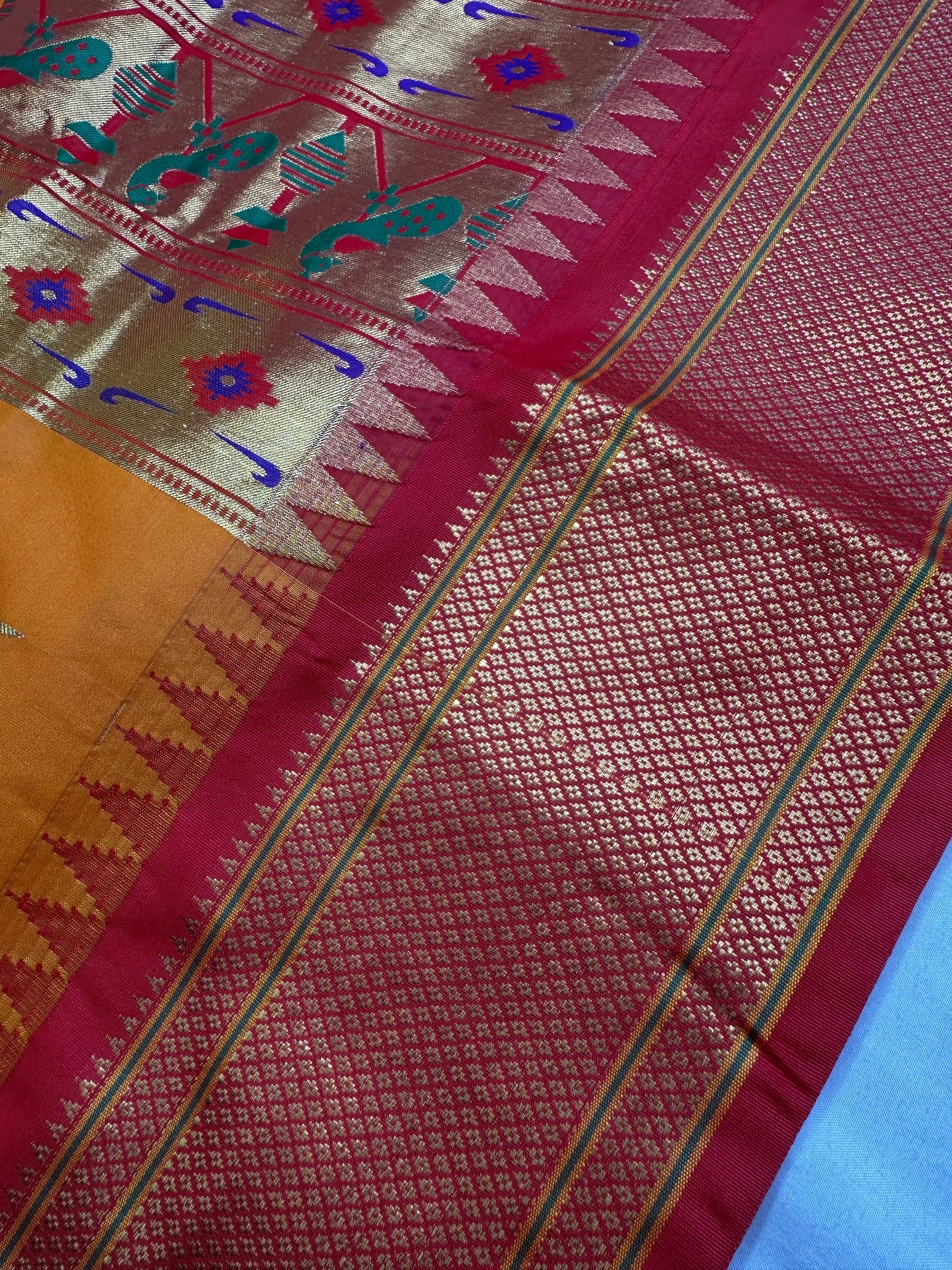 Semi Gadwal  Silk Paithani Yellow Red Saree