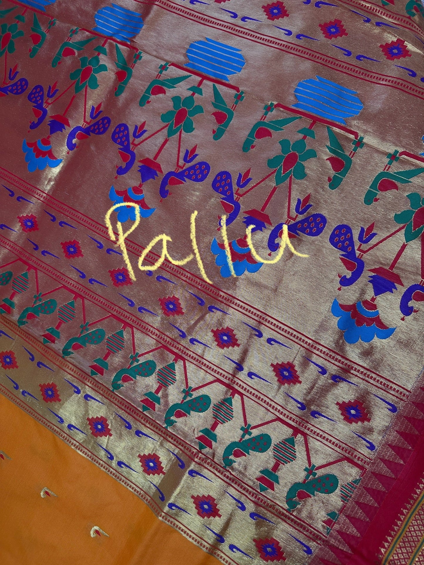 Semi Gadwal  Silk Paithani Yellow Red Saree