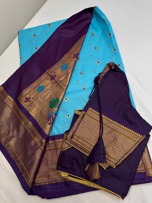 Semi Gadwal  Silk Paithani Blue Purple Saree