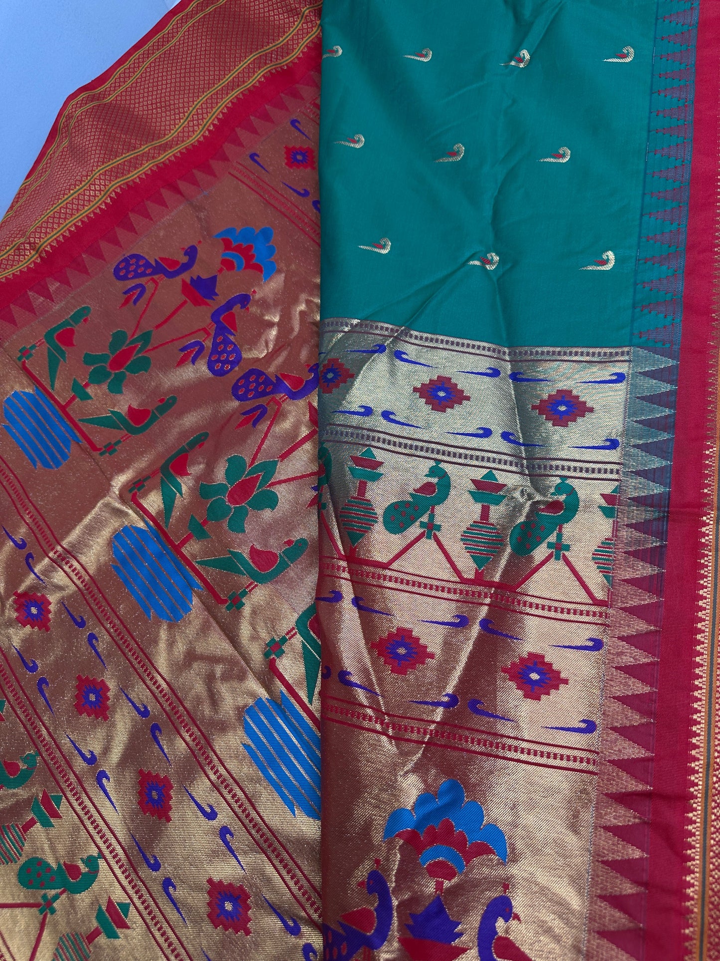 Semi Gadwal  Silk Paithani Green Red Saree