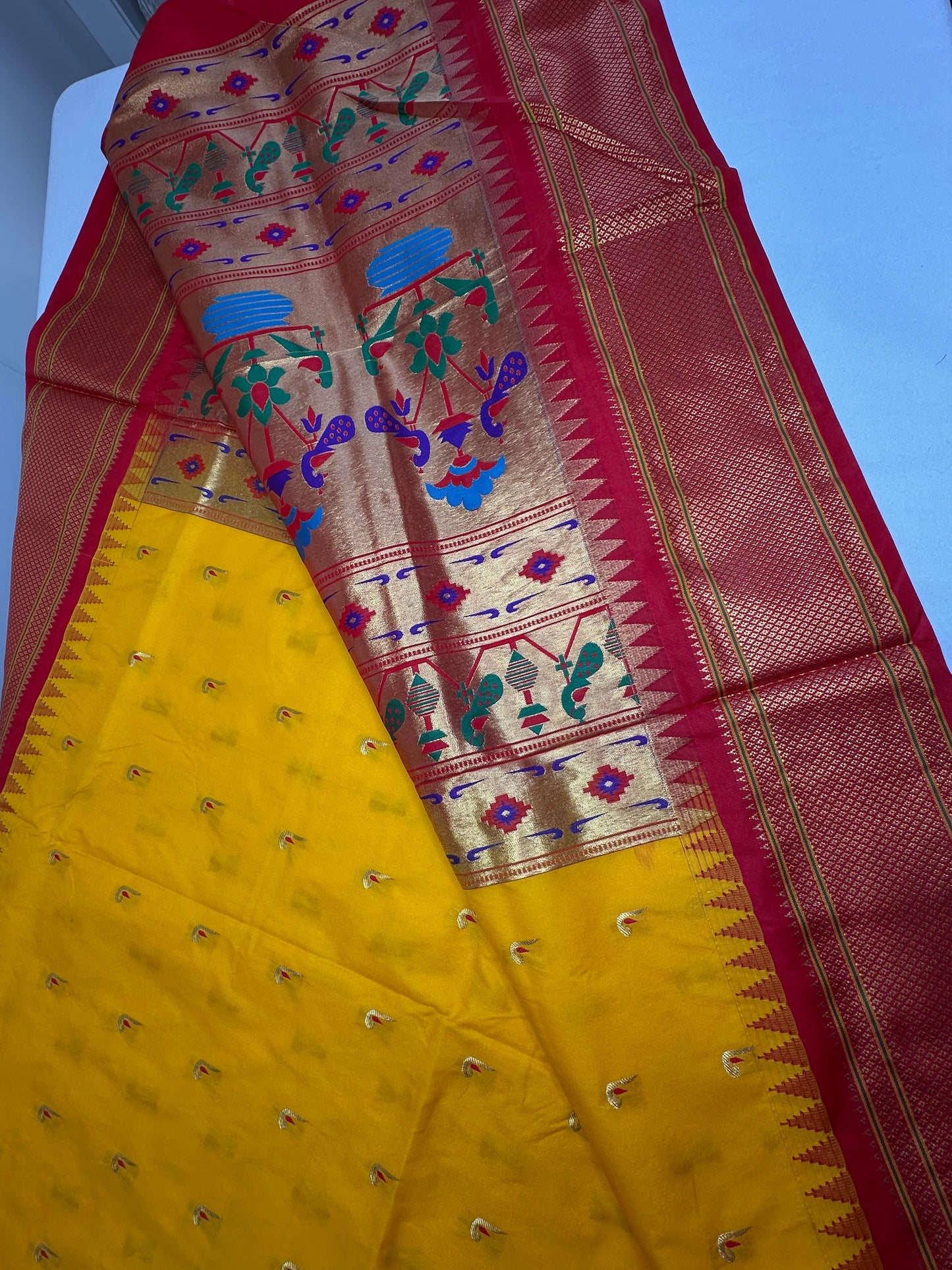 Semi Gadwal  Silk Paithani Yellow Red Saree