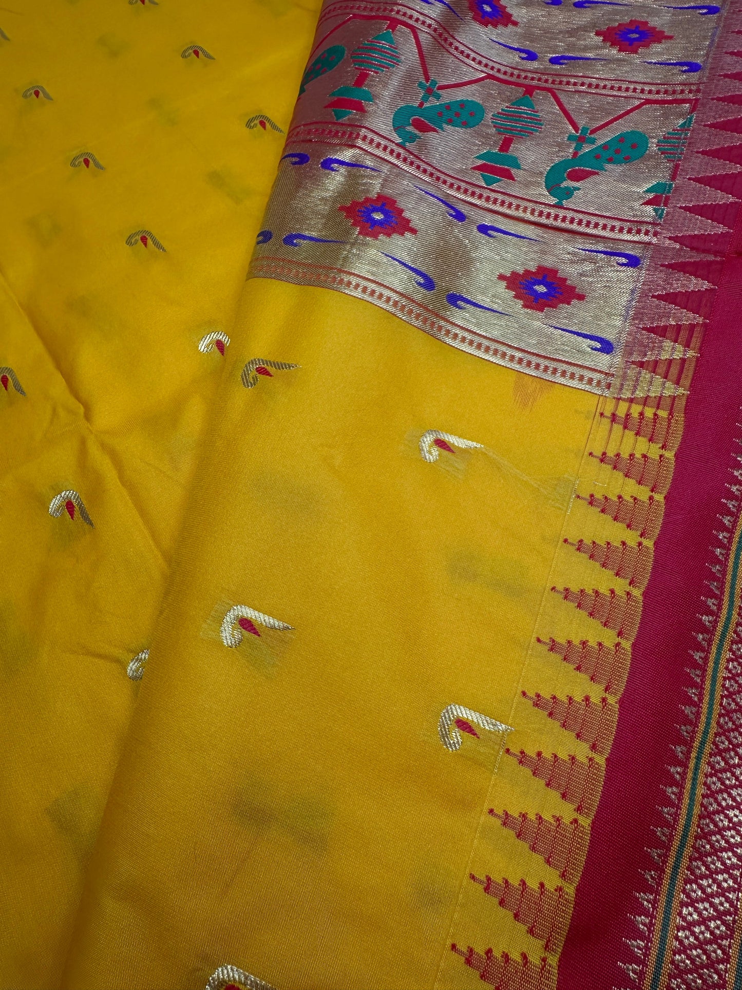 Semi Gadwal  Silk Paithani Yellow Red Saree