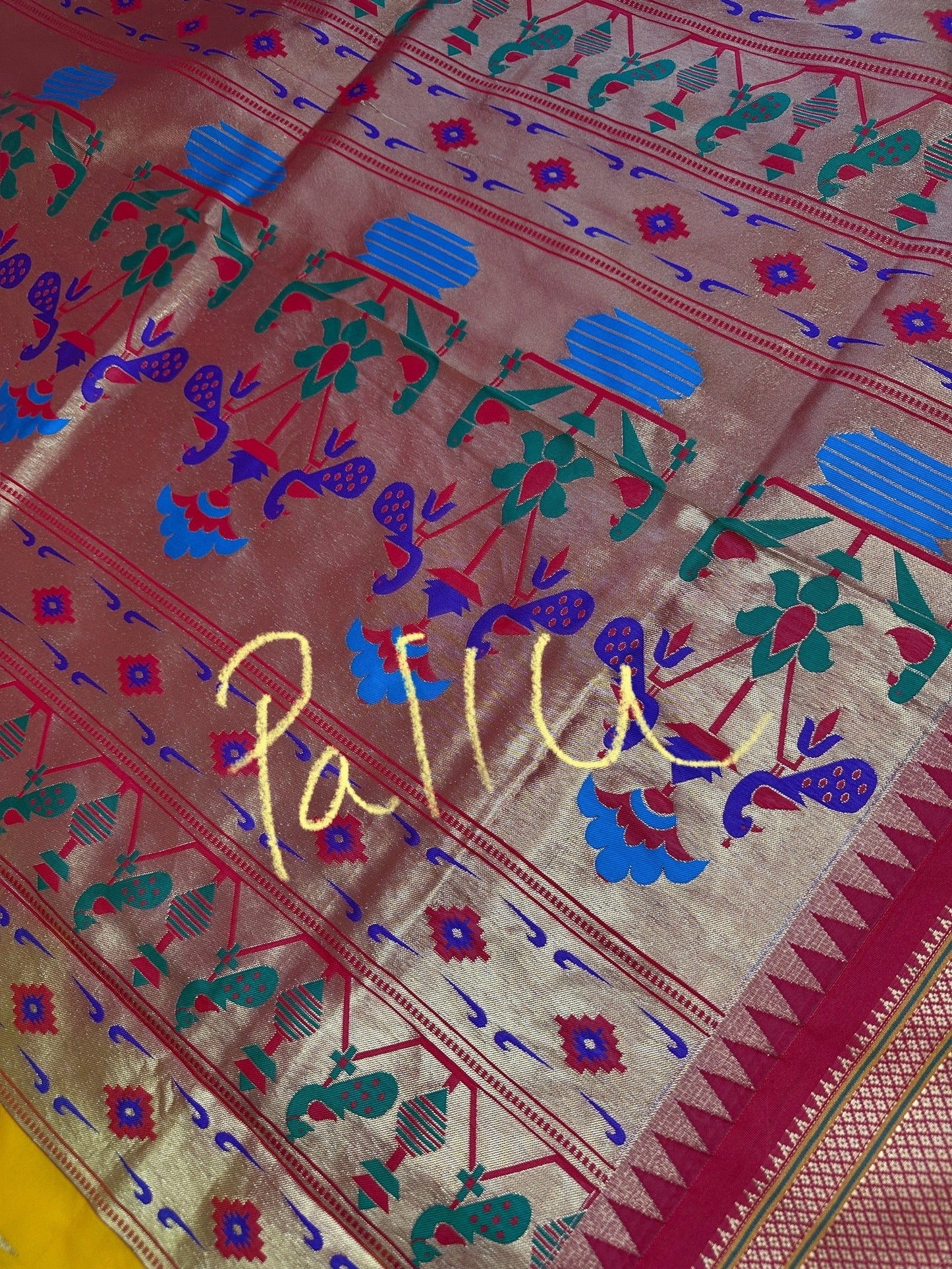 Semi Gadwal  Silk Paithani Yellow Red Saree