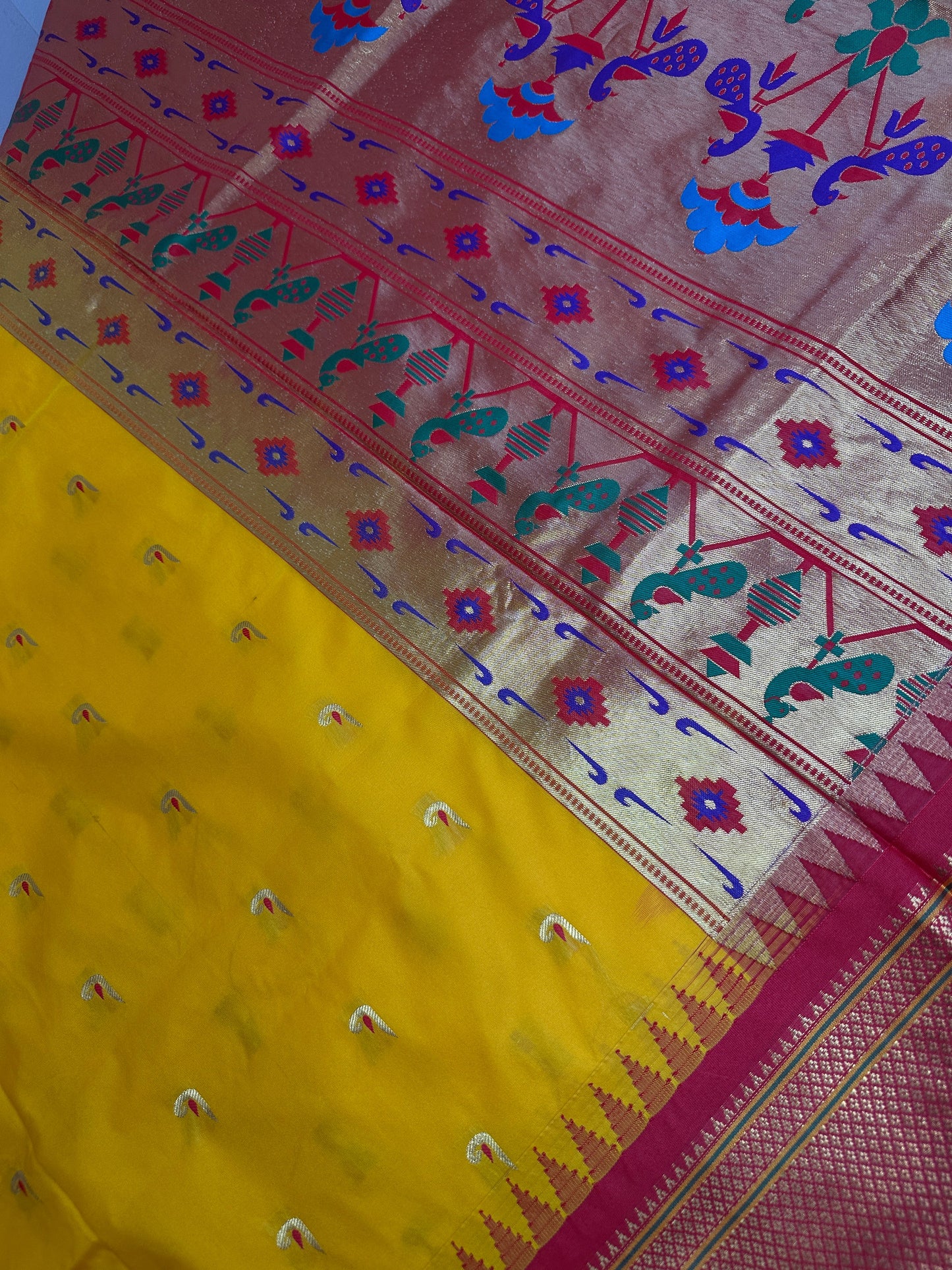 Semi Gadwal  Silk Paithani Yellow Red Saree