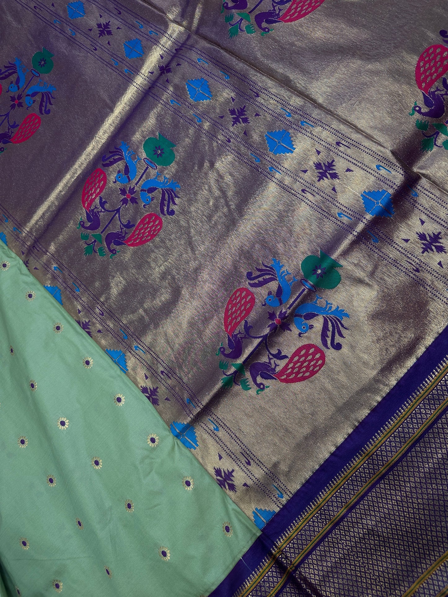 Semi Gadwal  Silk Paithani Green Purple Saree
