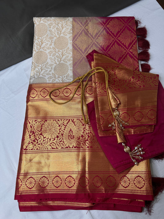 Kanchi Brocade Soft Silk Cream Pink Saree