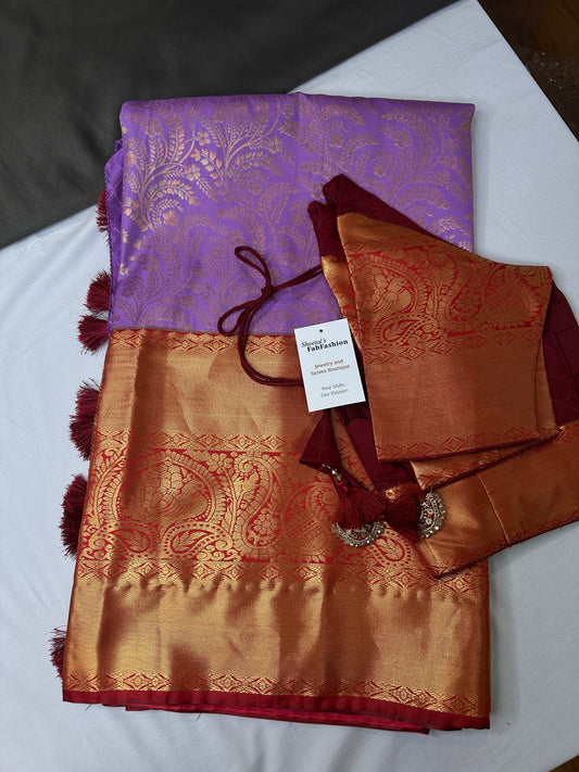 Kanchi Brocade Soft Silk Lavender Red Saree