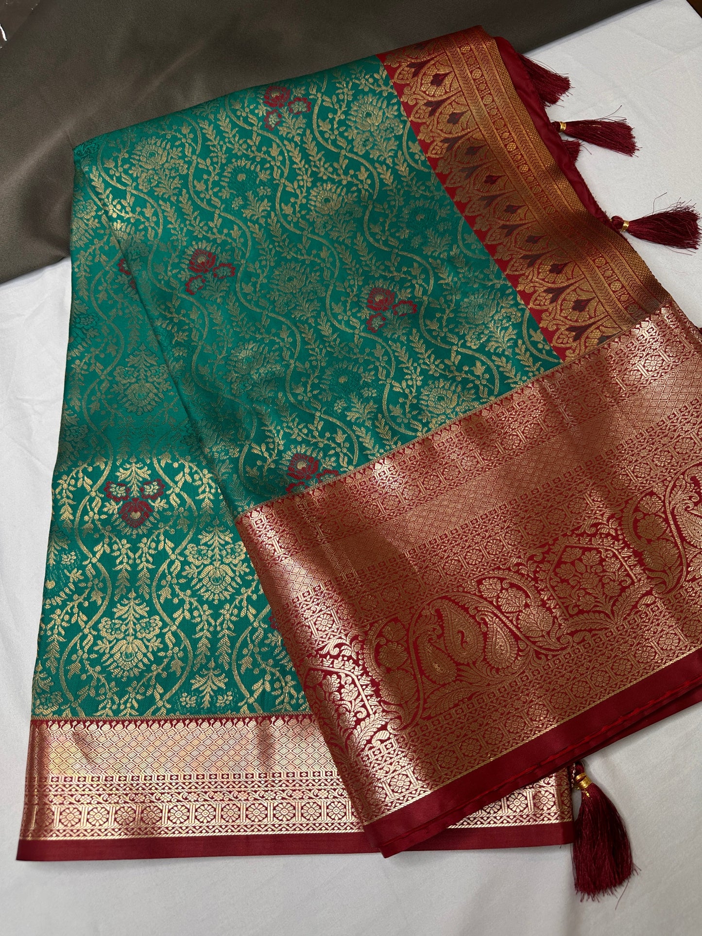 Kanchi Brocade Soft Silk Green Red Saree