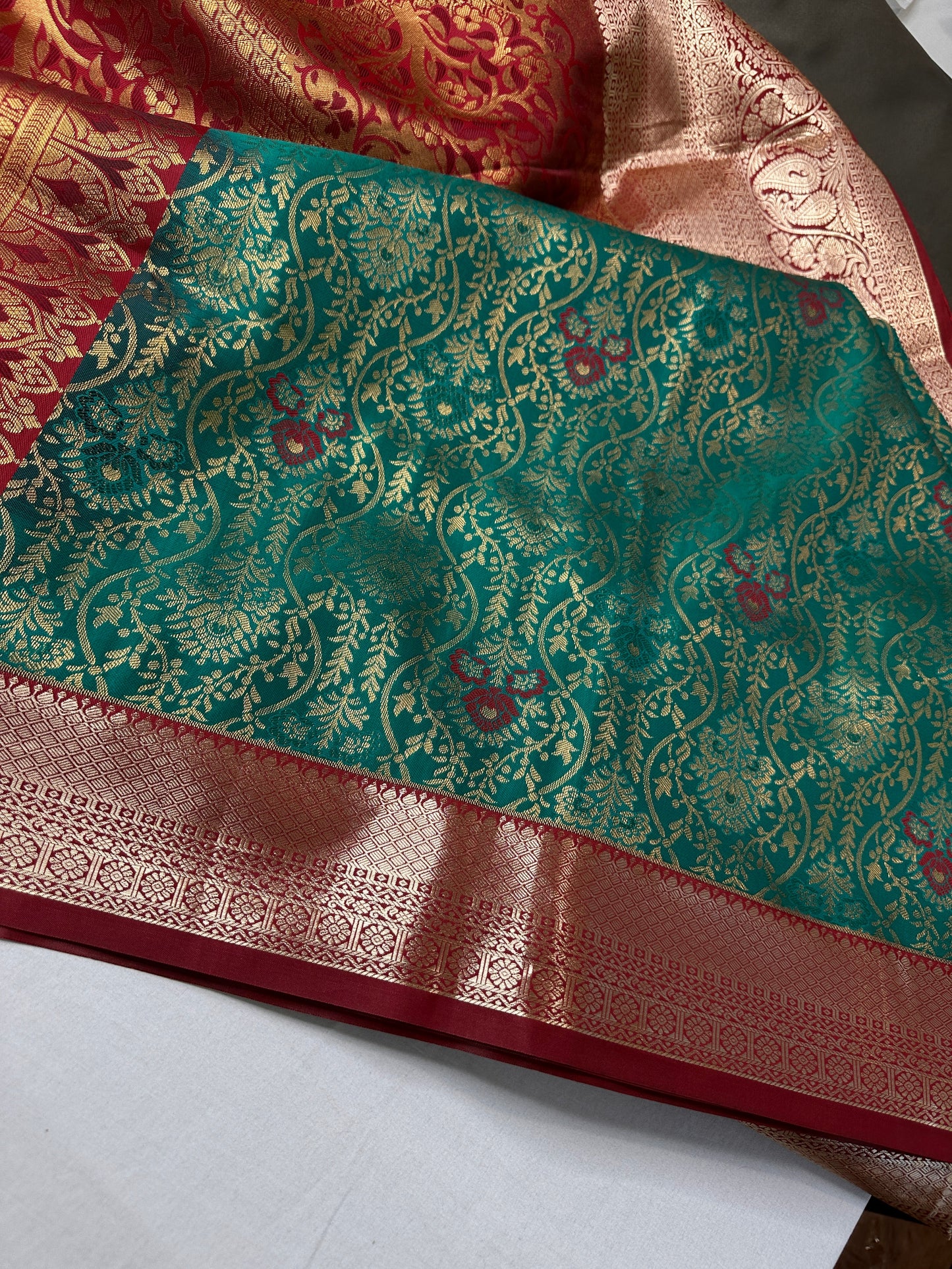 Kanchi Brocade Soft Silk Green Red Saree