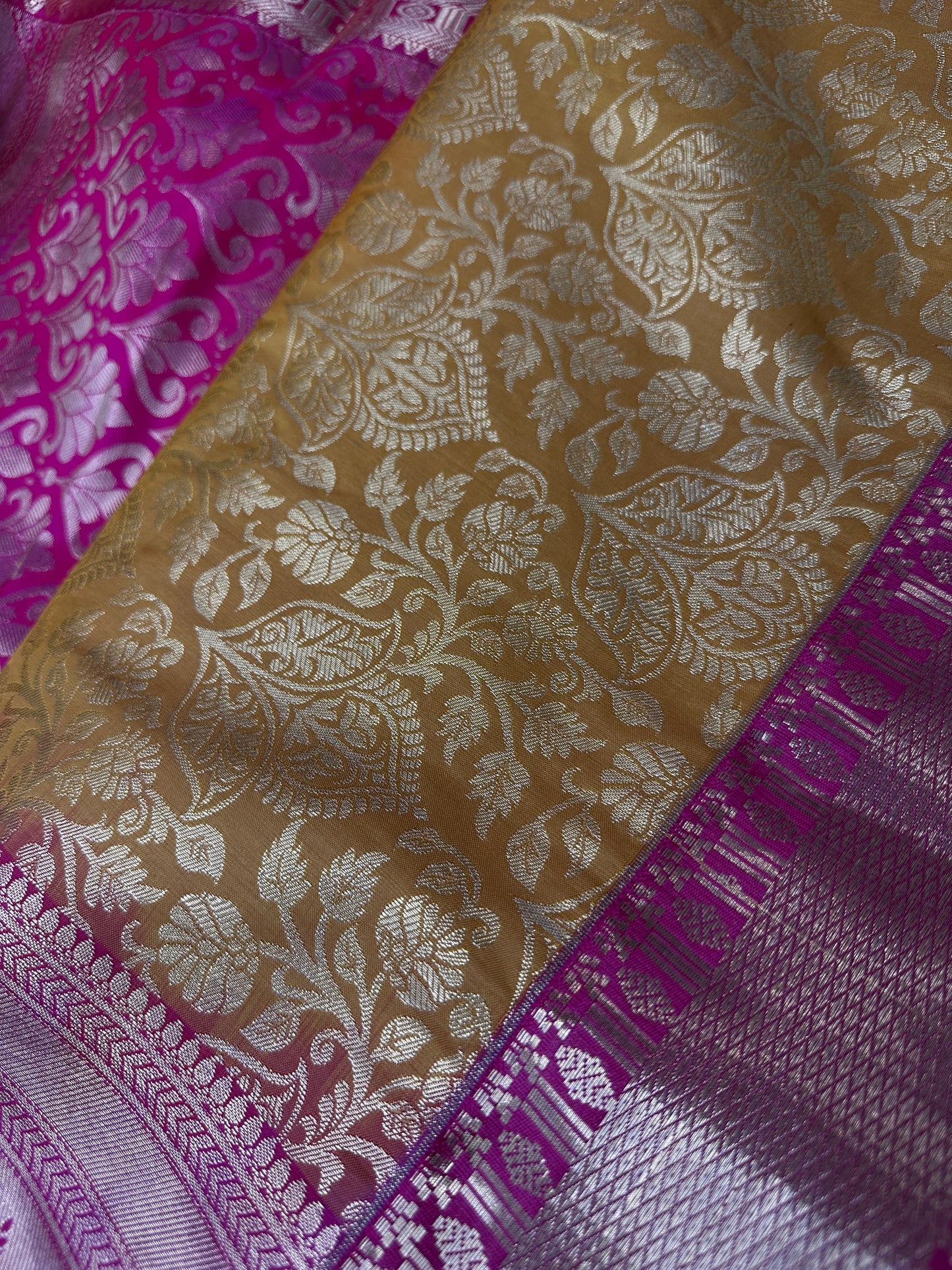 Kanchi Brocade Soft Silk Yellow Pink Saree