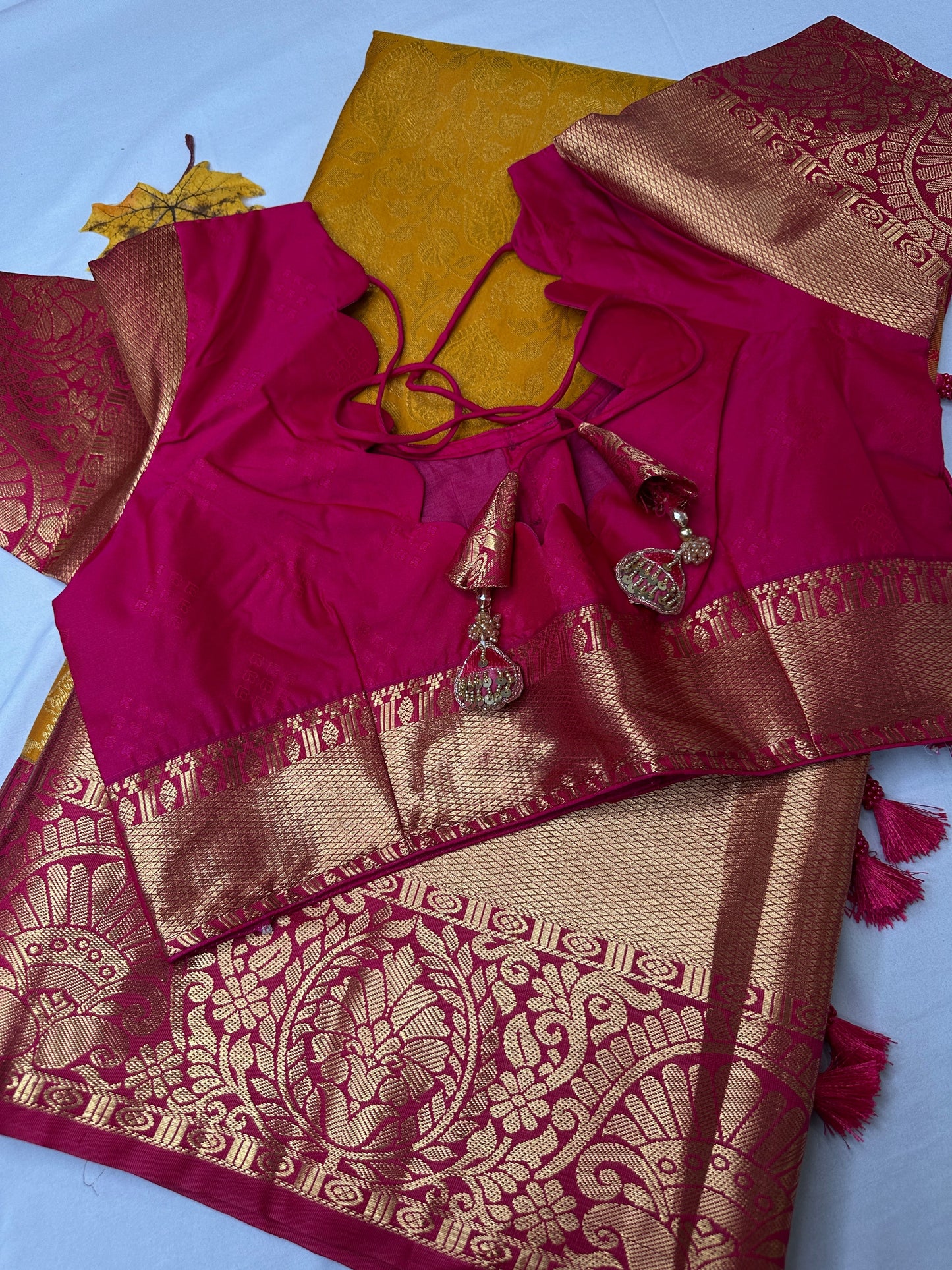 Kanchi Brocade Soft Silk Yellow Pink Saree