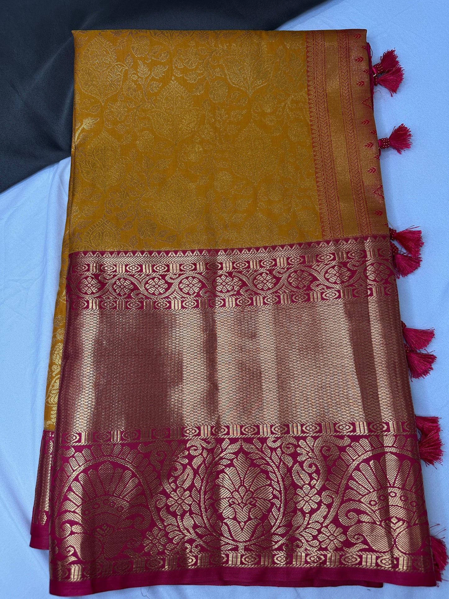 Kanchi Brocade Soft Silk Yellow Pink Saree