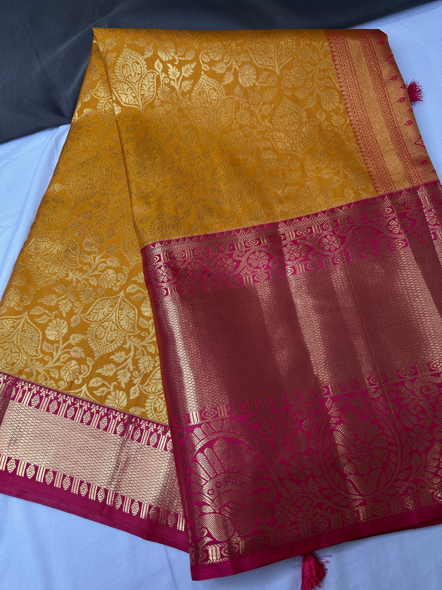 Kanchi Brocade Soft Silk Yellow Pink Saree
