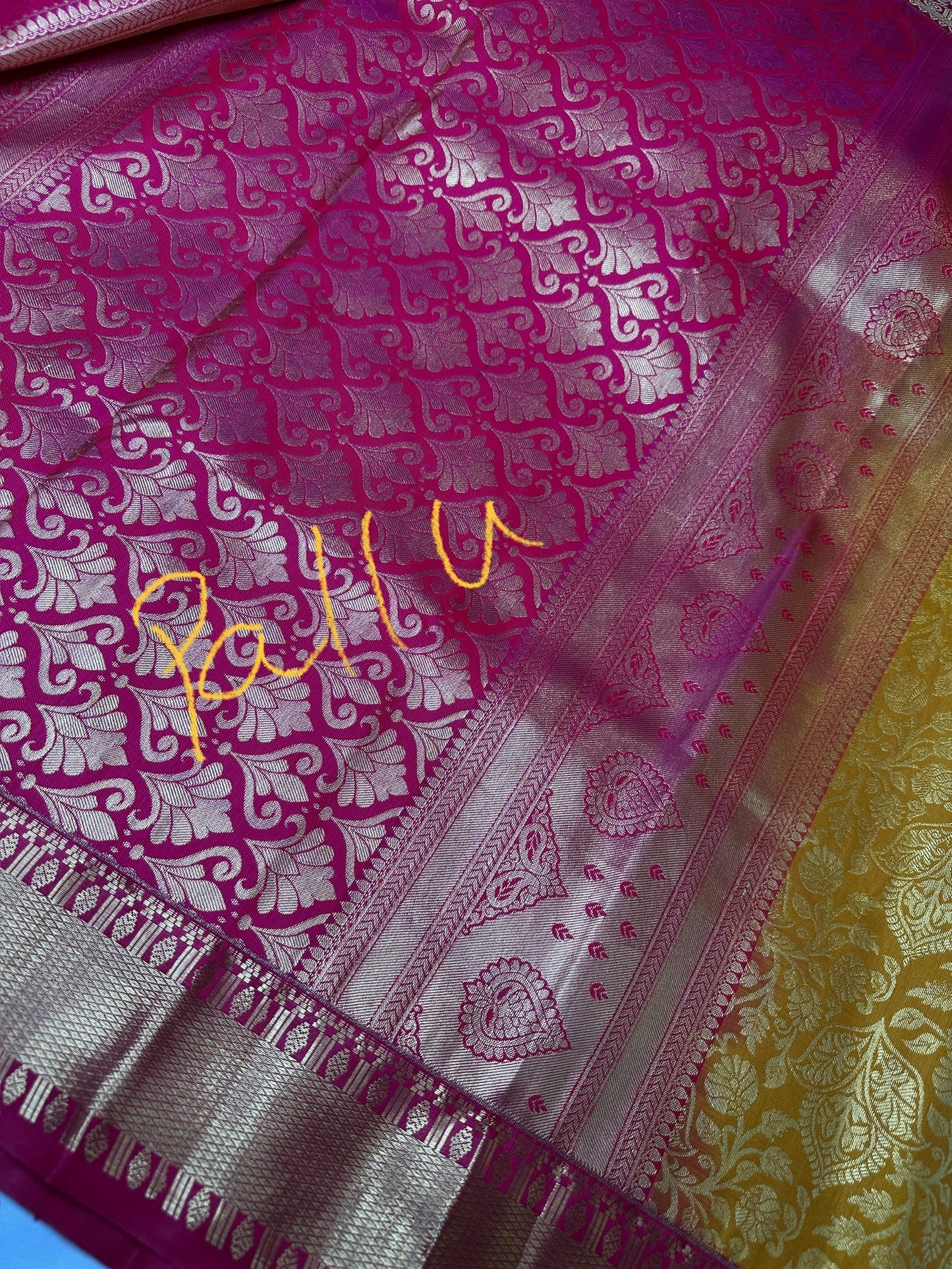 Kanchi Brocade Soft Silk Yellow Pink Saree