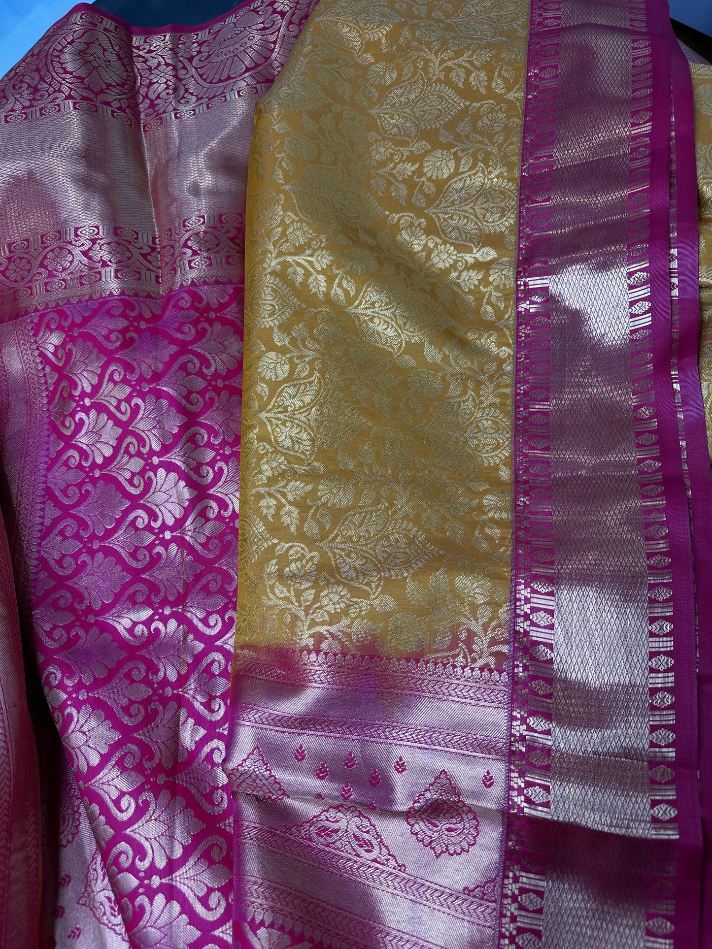 Kanchi Brocade Soft Silk Yellow Pink Saree