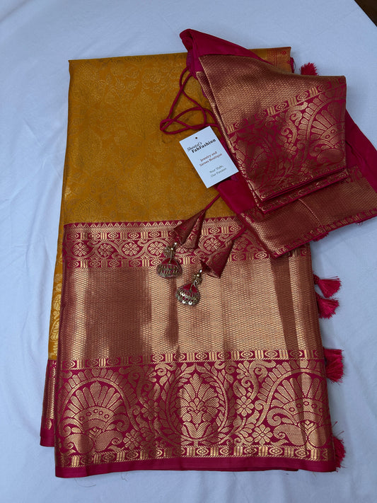 Kanchi Brocade Soft Silk Yellow Pink Saree