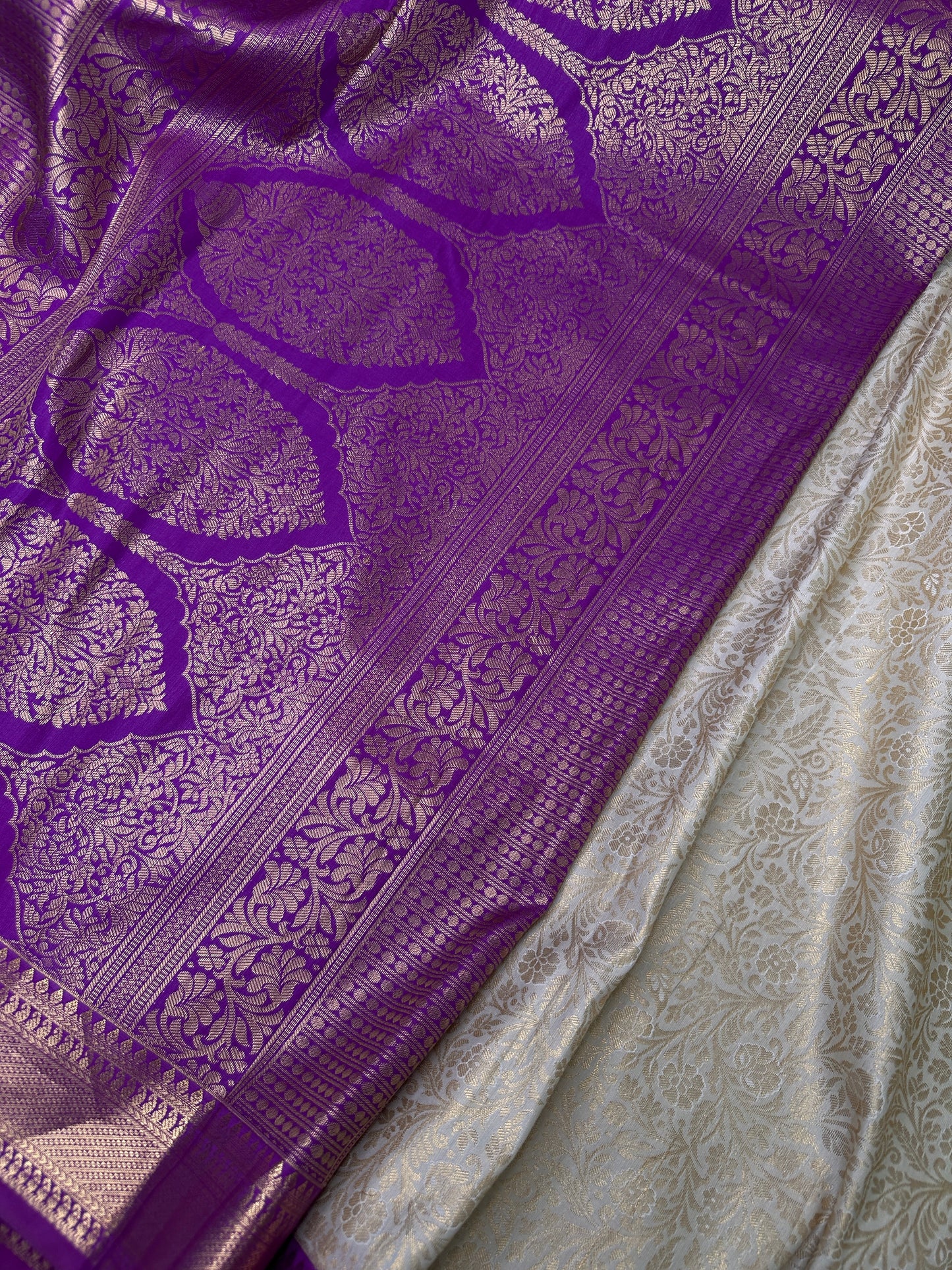 Kanchi Brocade Soft Silk Off white Purple Saree