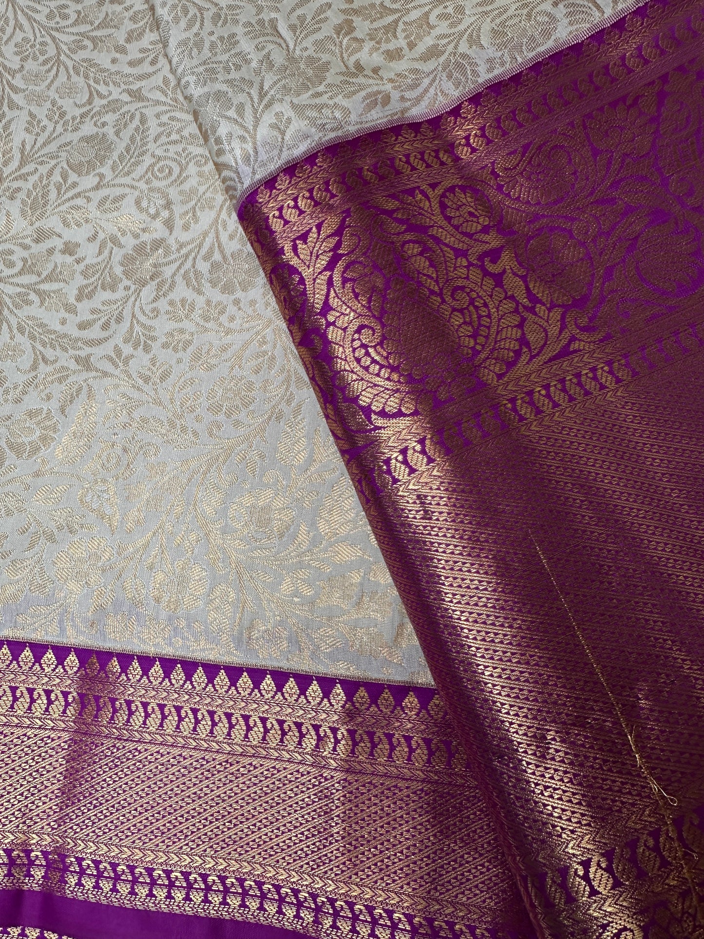 Kanchi Brocade Soft Silk Off white Purple Saree