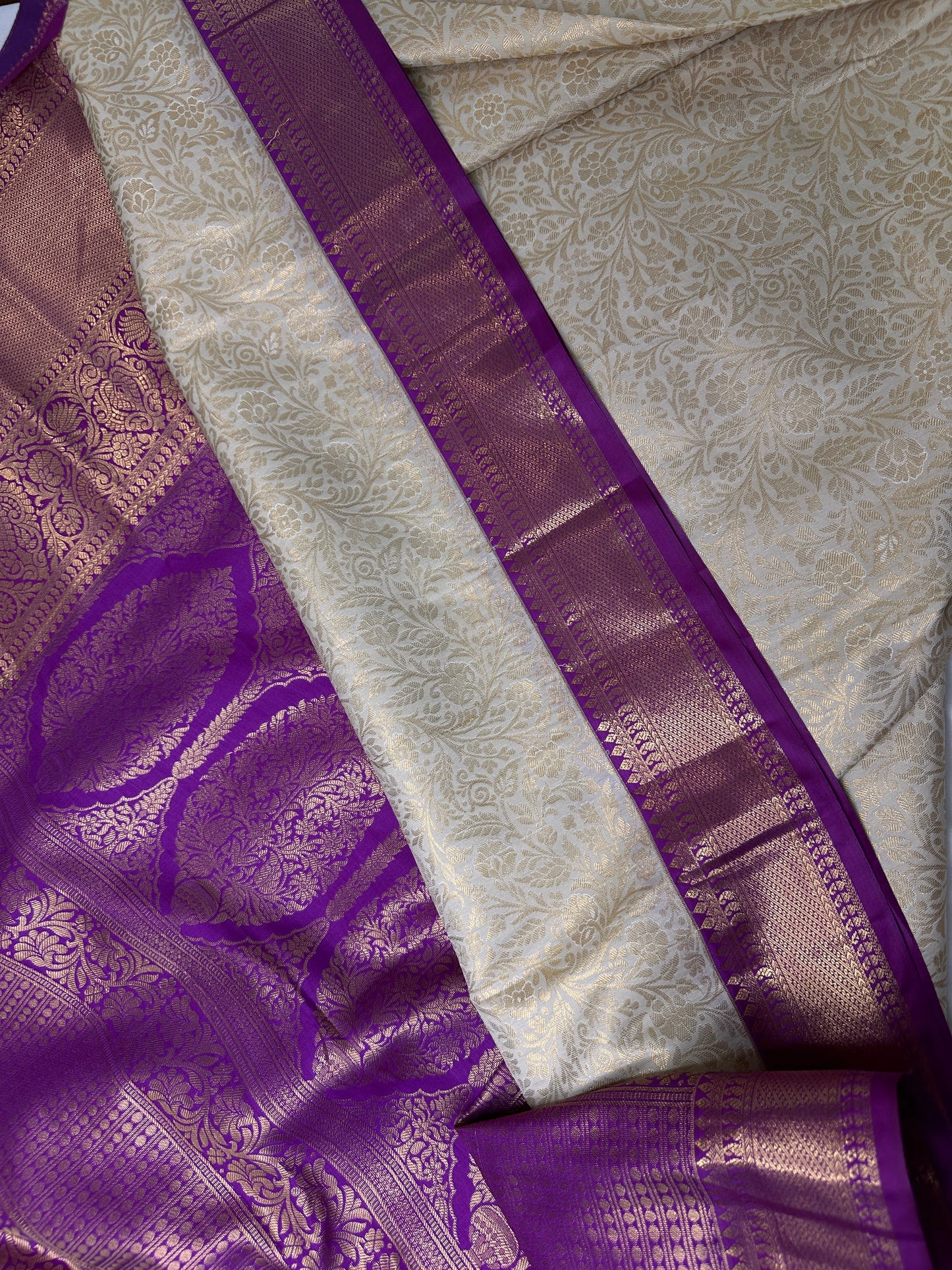 Kanchi Brocade Soft Silk Off white Purple Saree