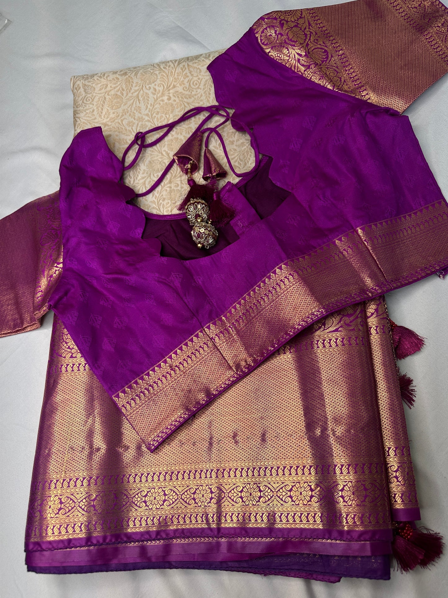 Kanchi Brocade Soft Silk Off white Purple Saree